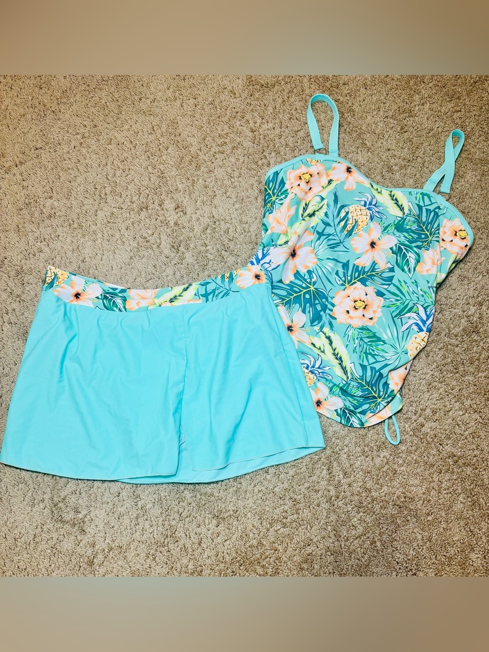 Women’s Tropical Floral Tankini Swimsuit Set Skirted Bottom Blue Green Size L